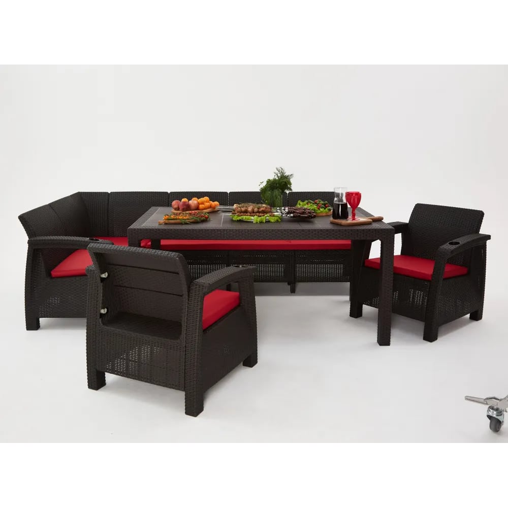 Изображение товара Комплект садовой мебели WORKY HomlyGreen 5+1+1+обеденный стол 153х79, с комплектом бордовых подушек ARD259392