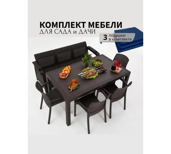 Изображение товара Комплект садовой мебели WORKY HomlyGreen 3+4стула+обеденный стол 153х79, с комплектом темно-синих подушек ARD259398