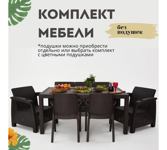 Изображение товара Комплект садовой мебели WORKY HomlyGreen 3+1+1+2стула+обеденный стол 153х79, без подушек ARD259333
