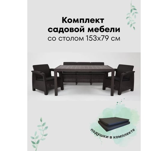 Изображение товара Комплект садовой мебели WORKY HomlyGreen 3+1+1+обеденный стол 153х79, с комплектом черных подушек ARD259352