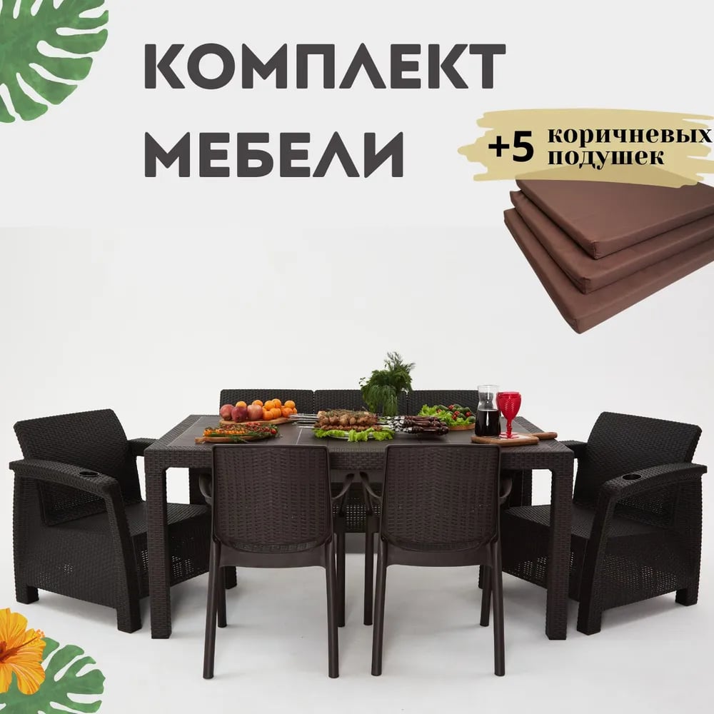 Изображение товара Комплект садовой мебели WORKY HomlyGreen 3+1+1+2стула+обеденный стол 153х79, с комплектом коричневых подушек ARD259369