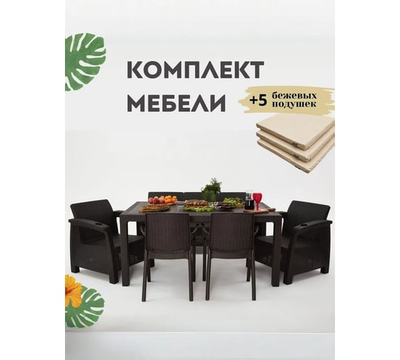 Изображение товара Комплект садовой мебели WORKY HomlyGreen 3+1+1+2стула+обеденный стол 153х79, с комплектом бежевых подушек ARD259360