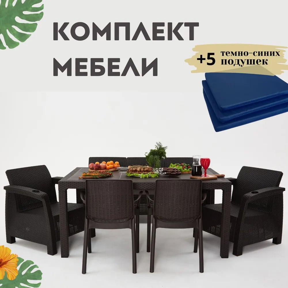 Изображение товара Комплект садовой мебели WORKY HomlyGreen 3+1+1+2стула+обеденный стол 153х79, с комплектом темно-синих подушек ARD259396