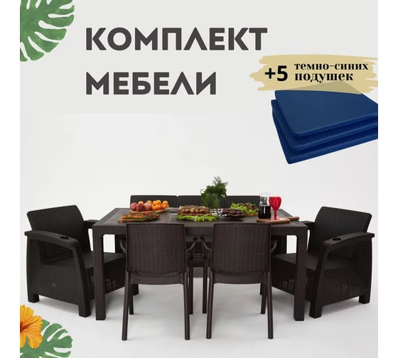 Изображение товара Комплект садовой мебели WORKY HomlyGreen 3+1+1+2стула+обеденный стол 153х79, с комплектом темно-синих подушек ARD259396