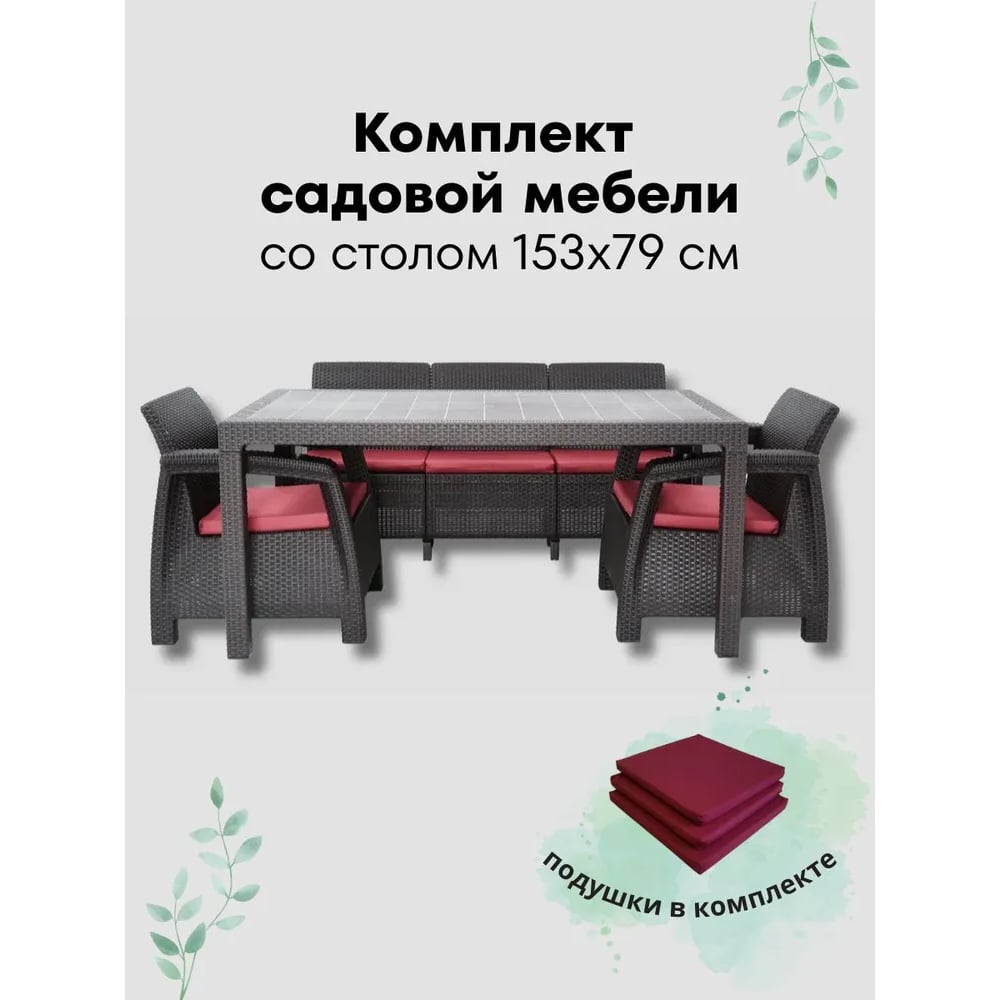 Изображение товара Комплект садовой мебели WORKY HomlyGreen 3+1+1 с обеденным столом 153х79 и бордовыми подушками