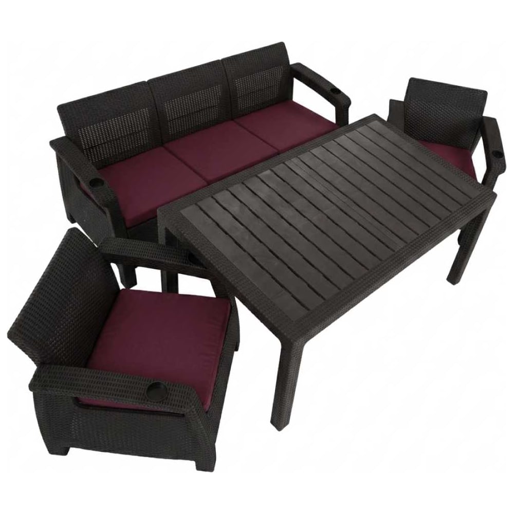 Изображение товара Комплект садовой мебели WORKY HomlyGreen 3+1+1 с обеденным столом 153х79 и бордовыми подушками