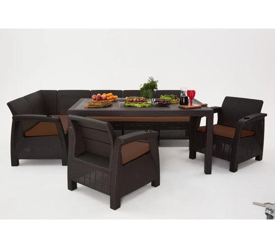 Изображение товара Комплект садовой мебели WORKY HomlyGreen 5+1+1+обеденный стол 153х79, с комплектом коричневых подушек ARD259374