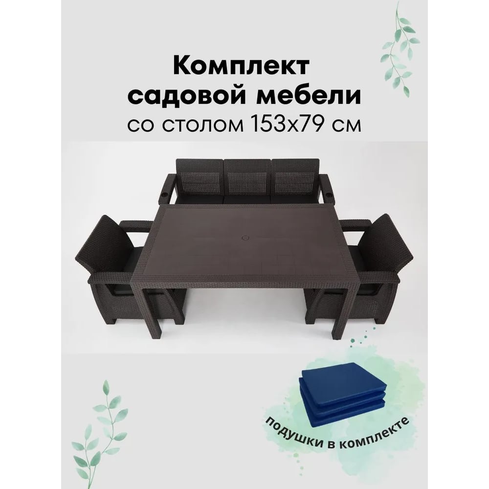Изображение товара Комплект садовой мебели WORKY HomlyGreen 3+1+1 обеденный стол 153х79 с подушками