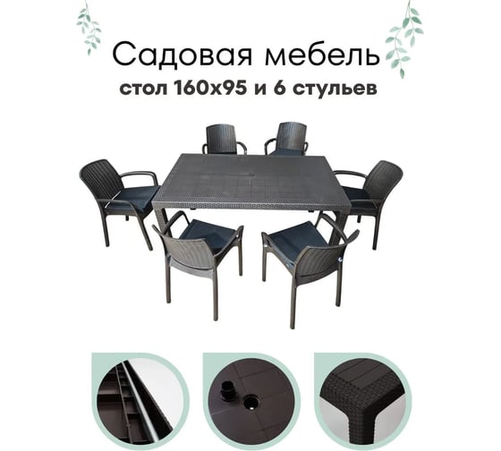 Изображение товара Садовая мебель HomlyGreen комплект стол большой прямоугольный на 6 персон 153х79х70, 6 стульев, цвет венге, с серыми подушками WORKY ARD260444