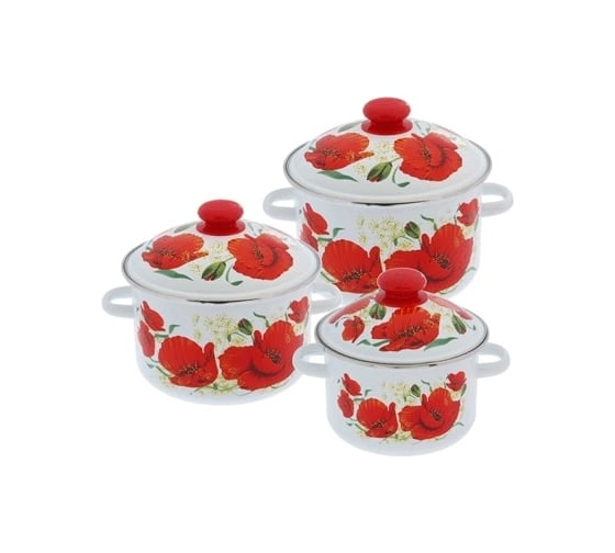 Изображение товара Эмалированный набор посуды Сибирские товары 15 Маки 3 предмета, 2 л, 3 л, 4 л ПД2085