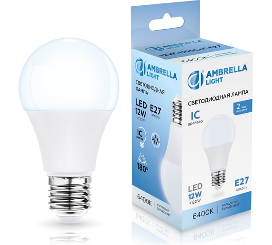Изображение товара Лампа светодиодная Ambrella Light LED A60 12W IC E27 6400K 175-265V 601206
