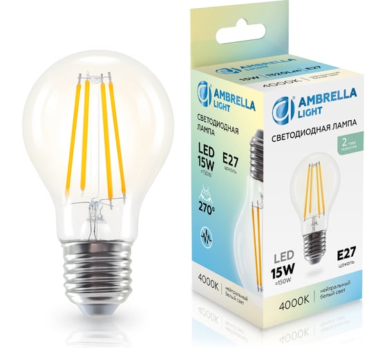 Изображение товара Лампа светодиодная Ambrella Light Filament LED A60 15W E27 4000K 220-240V 601514