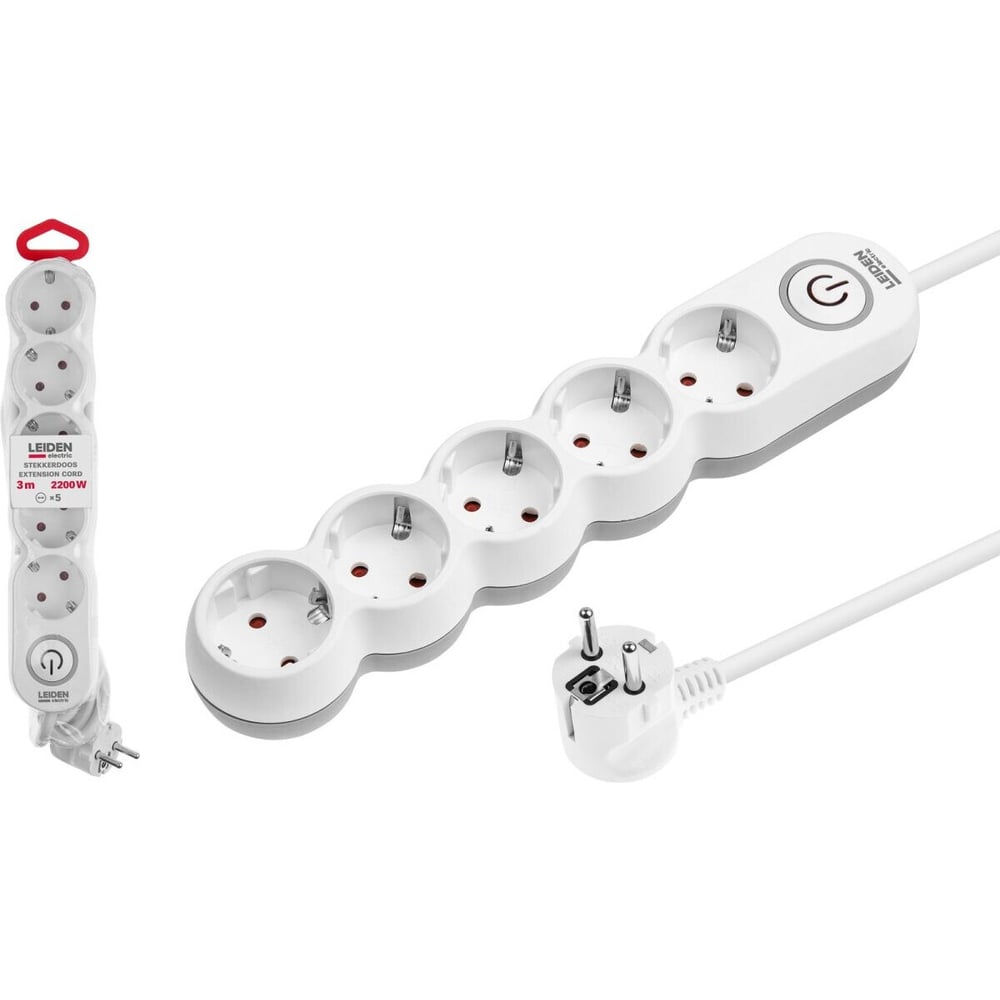 Изображение товара Электрический удлинитель 5 розеток 3 м LEIDEN ELECTRIC с заземлением и защитными шторками
