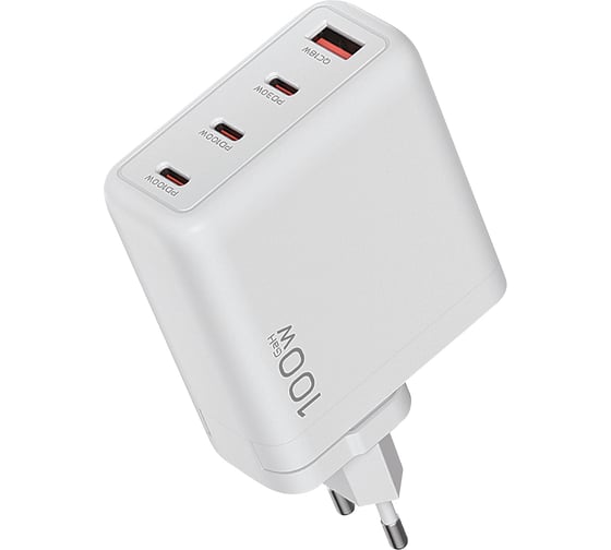 Изображение товара Сетевое зарядное устройство QUMO Energy Charger GaN PD 100 Вт, USB-A + 3 USB Type-C, (0144), белый 54475