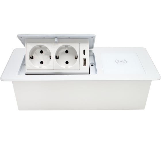 Изображение товара Блок розеток Mebax LK-DMS-741 2 секции Белый Полуавтоматический 1 USB + 1 type C беспроводная зарядка 00-00003480