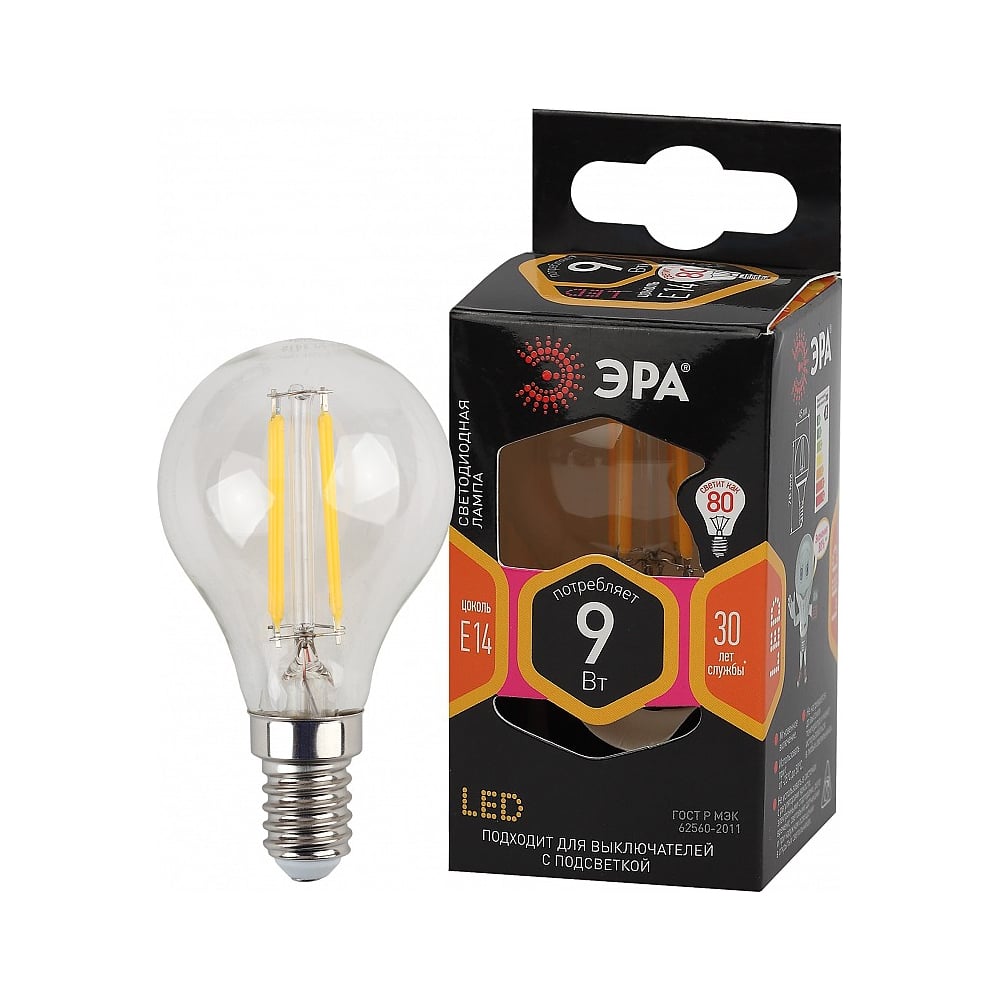 Изображение товара Светодиодная лампа ЭРА P45-9 Вт E14 теплый белый свет филамент