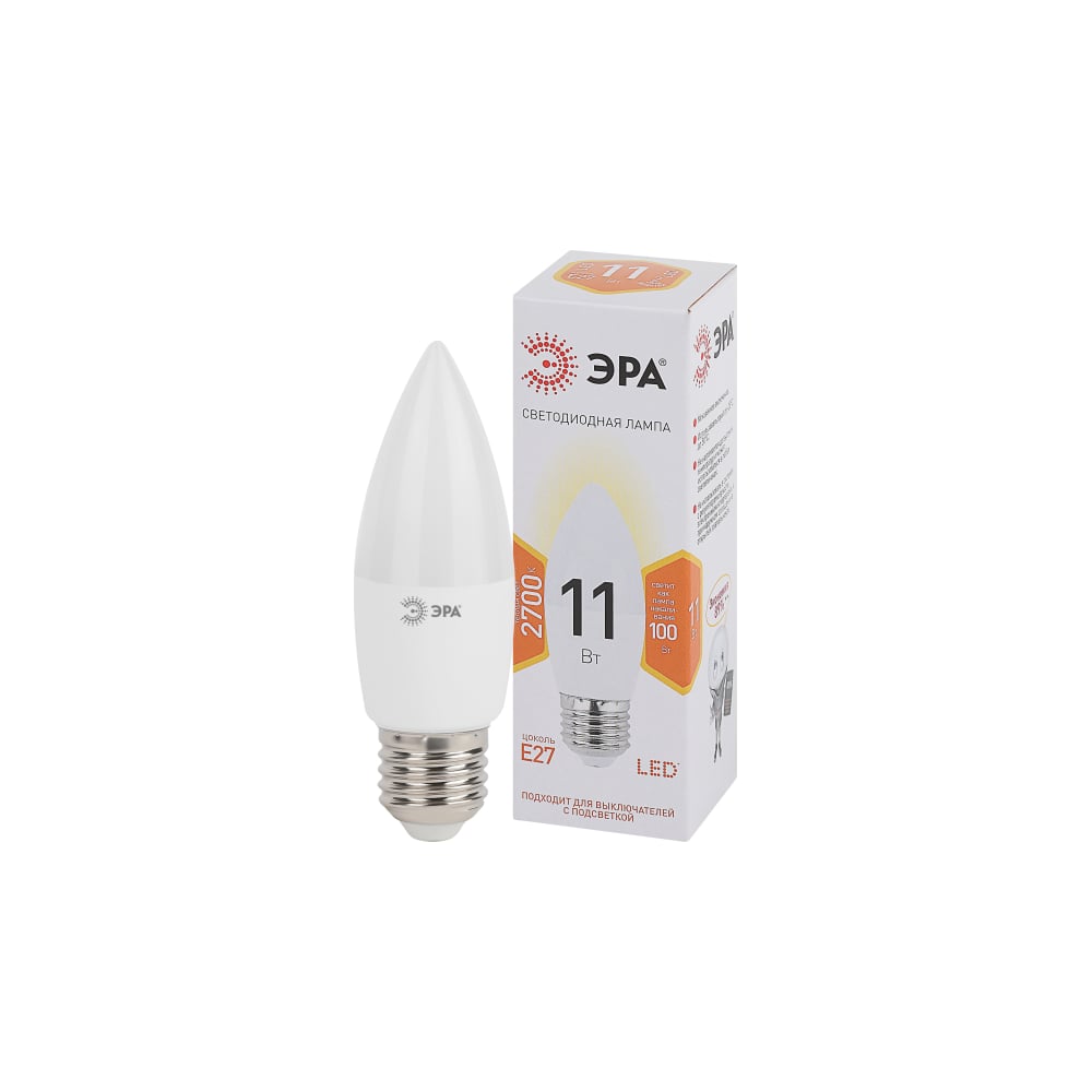 Изображение товара Светодиодная лампа ЭРА STD LED B35-11W-827-E27 теплый белый 11 Вт свеча
