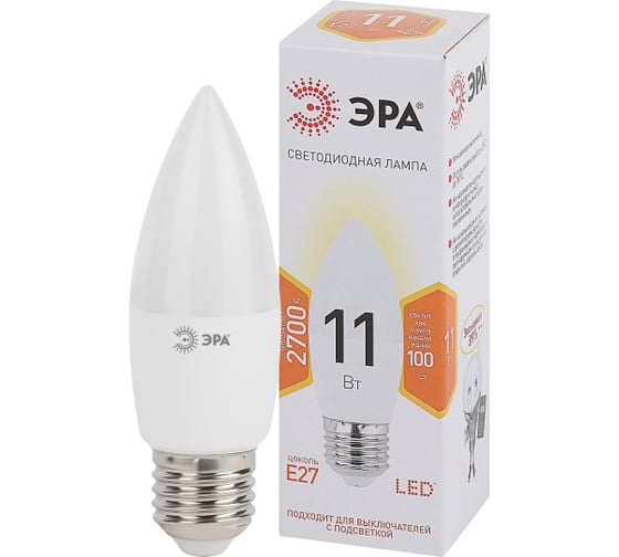 Изображение товара Лампы ЭРА STD LED B35-11W-827-E27 светодиодные (EC) E27 11Вт свеча теплый белый свет Б0057755