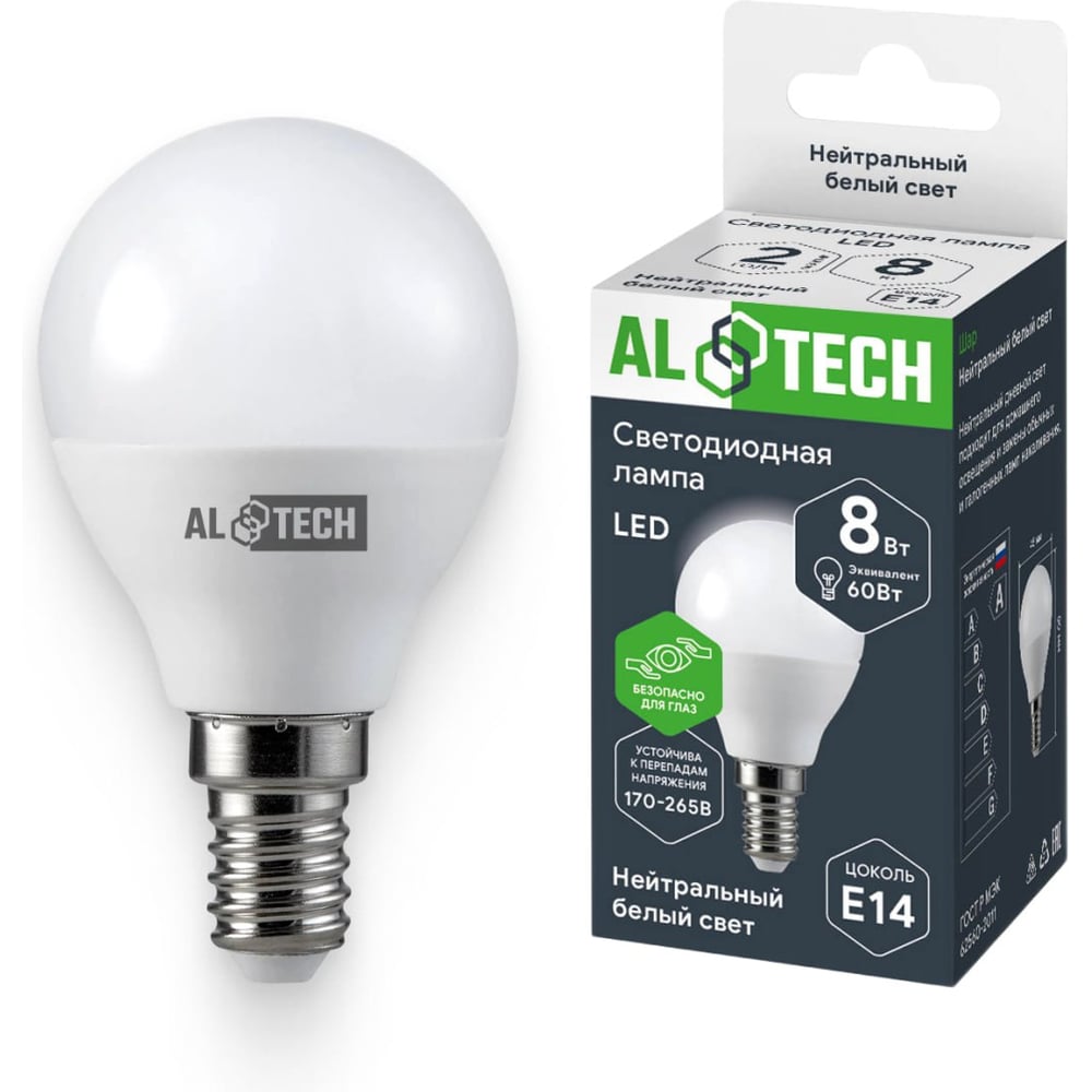 Изображение товара Светодиодная лампочка G45 8W нейтральный белый E14 ALTECH LED