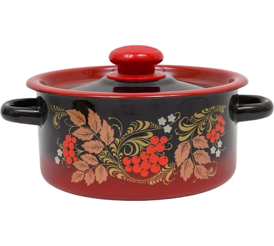 Изображение товара Эмалированная кастрюля Сибирские товары цилиндрическая, 2.0 л, декор, красно-черная, с пластиковой кнопкой ПД2723