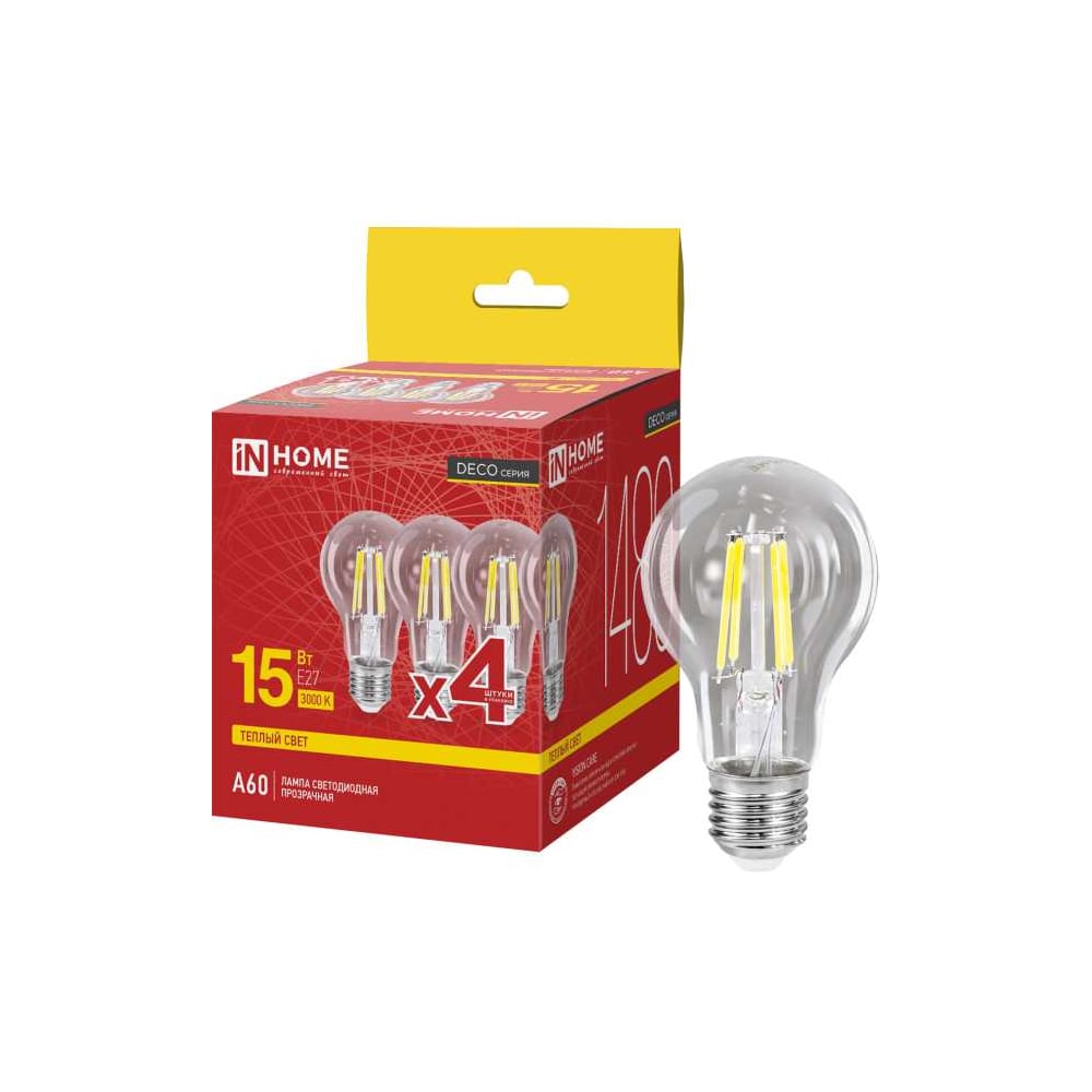 Изображение товара LED-лампа IN HOME A60 15Вт теплый белый 4 шт. в упаковке