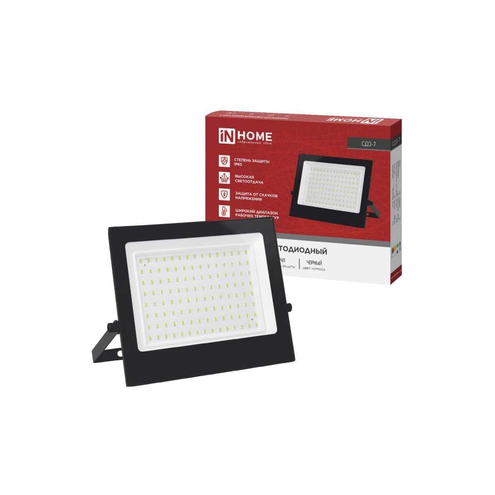 Изображение товара Светодиодный прожектор IN HOME СДО-7 100Вт IP65 уличный металл черный Изображение товара Светодиодный прожектор IN HOME СДО-7 100Вт IP65 уличный металл черный