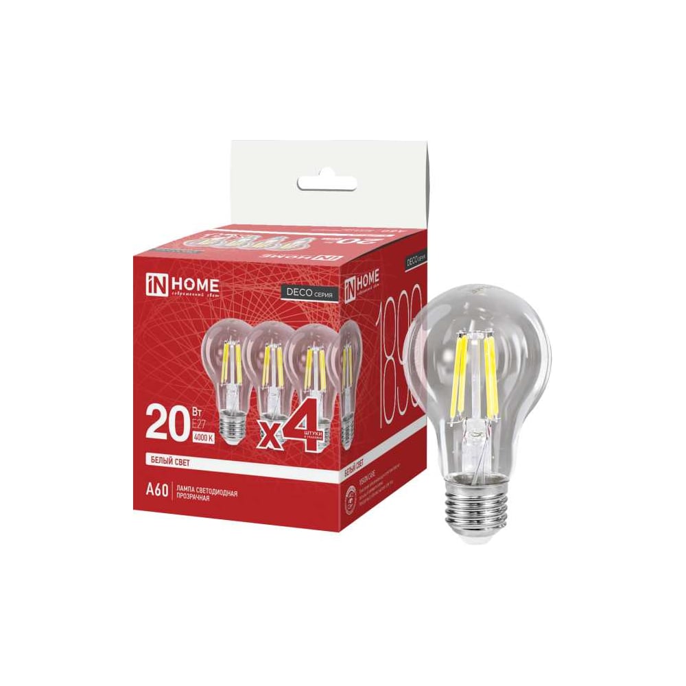Лампа светодиодная IN HOME LED-A60-deco 4PACK 20Вт 230В Е27 4000К 1890Лм (4шт./упак) прозрачная 4690612063232