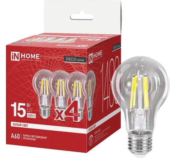 Изображение товара Лампа светодиодная IN HOME LED-A60-deco 4PACK 15Вт 230В Е27 4000К 1480Лм (4шт./упак) прозрачная 4690612063218