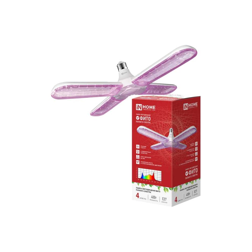 Изображение товара Светодиодная лампа для растений IN HOME LED-HP 40STD-ФИТО красно-синий спектр 40Вт E27