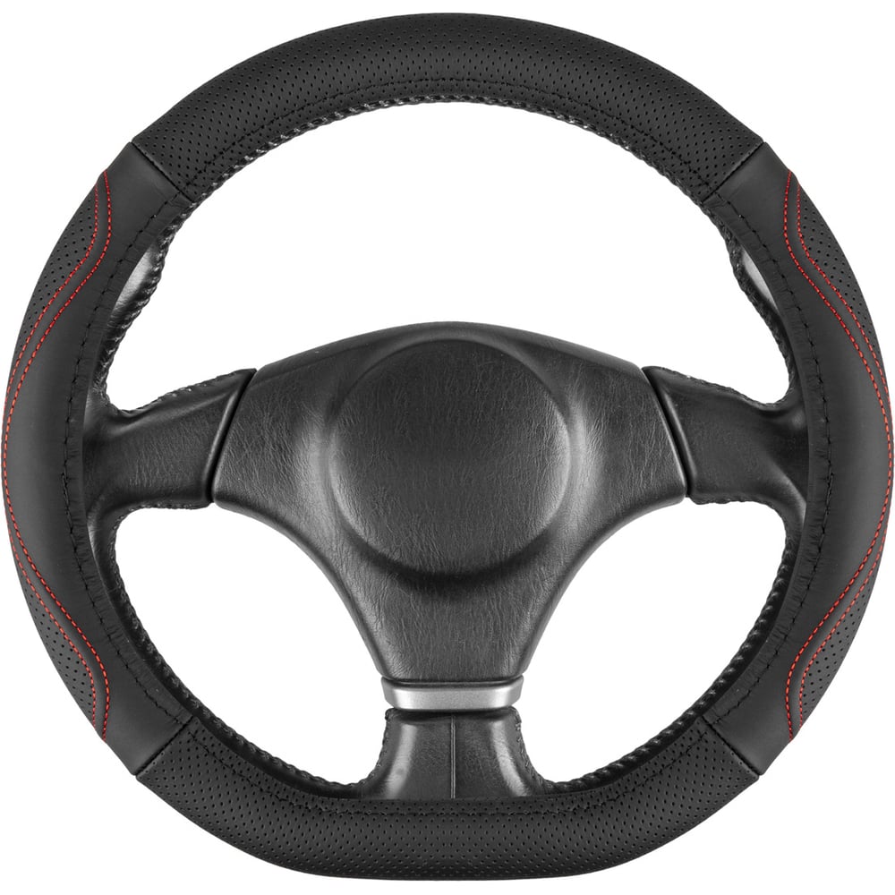 Изображение товара Оплетка SKYWAY D-тип натуральная кожа M черная с красной строчкой S01108056