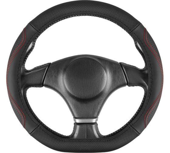 Изображение товара Оплетка SKYWAY D-тип натуральная кожа M (37-39 см) Design Real-21 Черная, красная строчка S01108056