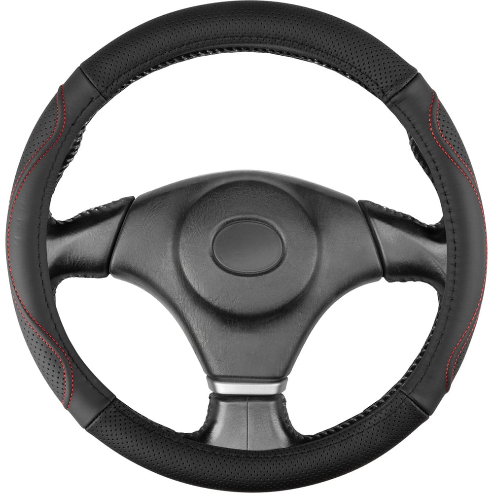 Изображение товара Оплетка SKYWAY из натуральной кожи L для рулевых колонок 39-41 см Черная с красной строчкой