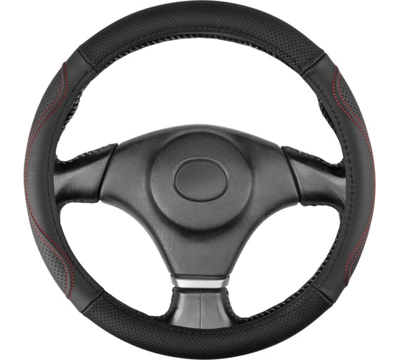 Изображение товара Оплетка SKYWAY натуральная кожа L (39-41 см) Design Real-14 Черная, красная строчка S01108046