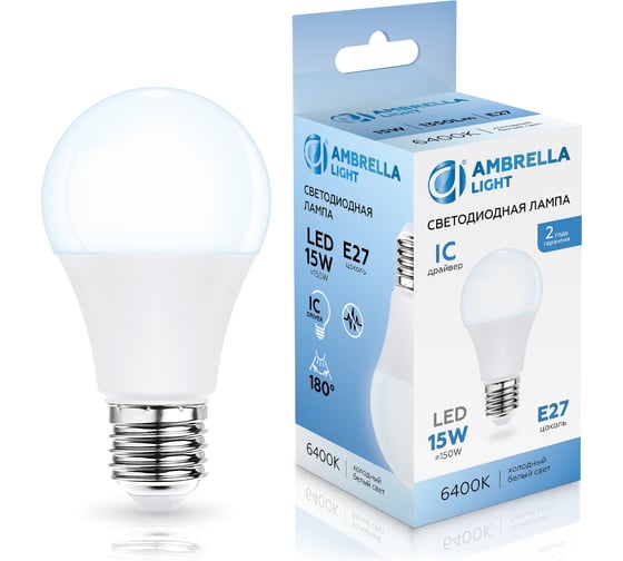 Изображение товара Лампа светодиодная Ambrella Light LED A60 15W IC E27 6400K 175-265V 601506