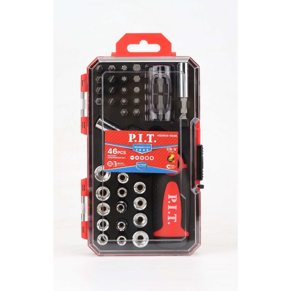 Изображение товара Набор бит и головок с рукояткой P.I.T. ADVANCE 46шт, рег. рукоятка, 2 адаптера, кейс, HSDR04-0046