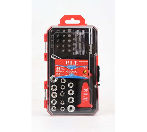 Изображение товара Набор бит и головок с рукояткой P.I.T. ADVANCE 46шт, рег. рукоятка, 2 адаптера, кейс, HSDR04-0046