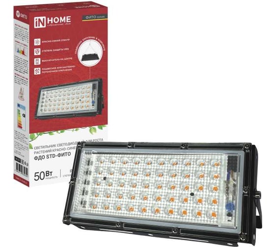 Изображение товара Прожектор светодиодный IN HOME ФДО STD-ФИТО красно-синий спектр, 50Вт, IP65, черный 4690612065045