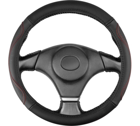 Изображение товара Оплетка SKYWAY натуральная кожа M (37-39 см) Design Real-14 Черная, красная строчка S01108045