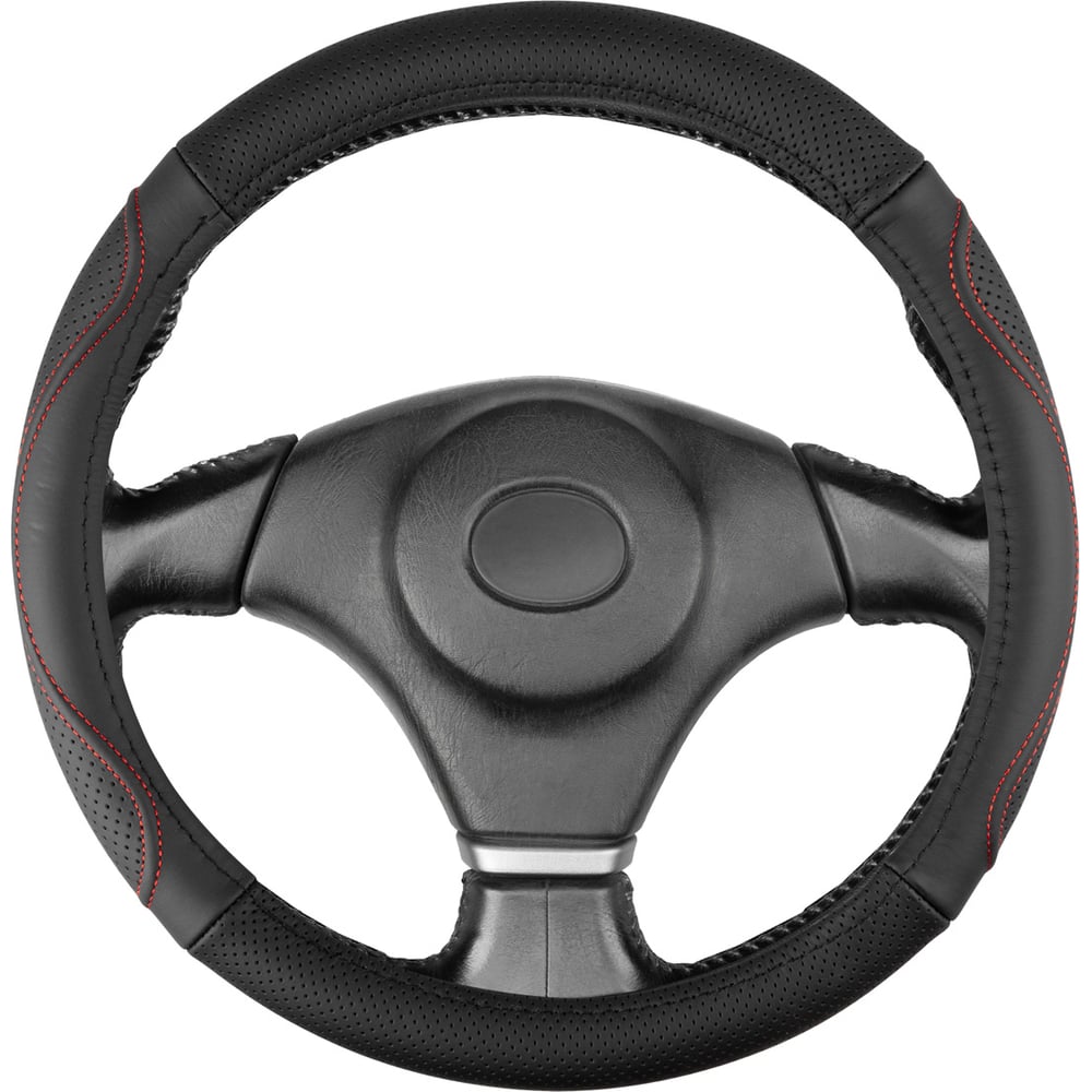 Изображение товара Оплетка SKYWAY из натуральной кожи для руля S 35-37 см черная с красной строчкой