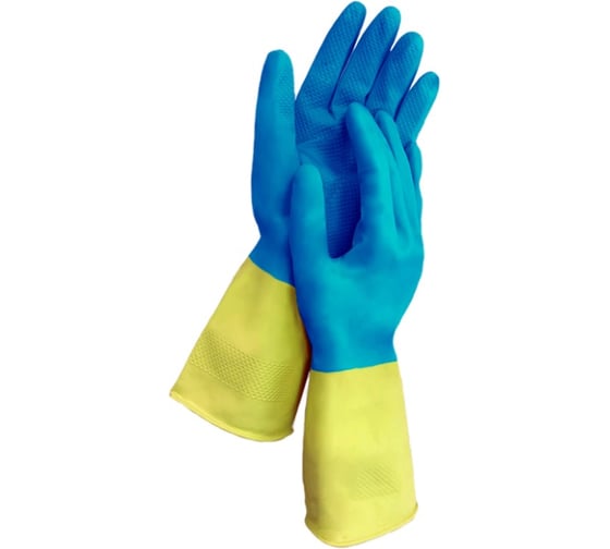 Изображение товара Перчатки многоразовые латексные биколор сине-жёлтые с хлопковым напылением LAIMA, размер L, 60 г 700543