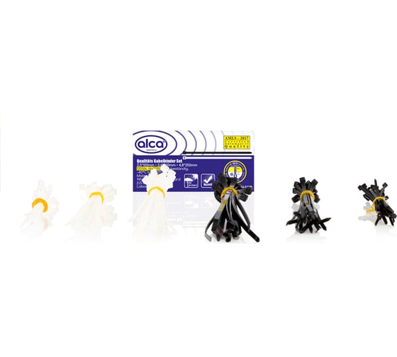 Изображение товара Пластиковая стяжка хомут Alca в комплекте: 2,5х100 мм, 3,6х200 мм, 4,6х250 мм, 120 шт. 630030
