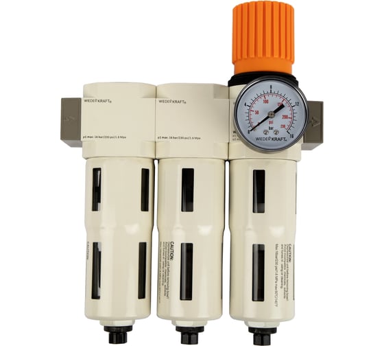 Изображение товара Блок подготовки воздуха WIEDERKRAFT 1/2, 16 бар трехступенчатый с влагоотделителем 25-5-0.3 мкм, автоматический сброс WDK-70740FA