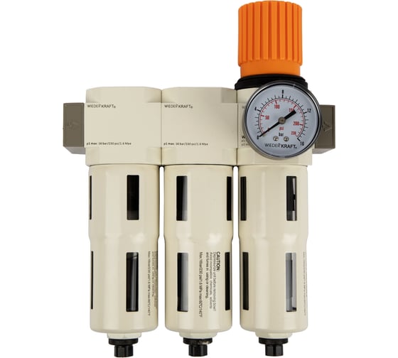 Изображение товара Блок подготовки воздуха WIEDERKRAFT 3/8, 16 бар трехступенчатый с влагоотделителем 25-5-0.3 мкм, аввтоматический сброс WDK-70730FA