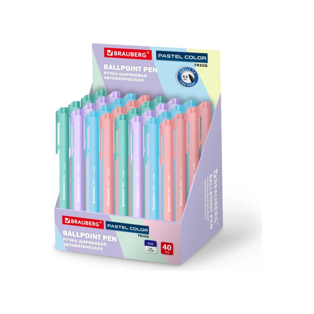 Изображение товара Ручка шариковая автоматическая BRAUBERG TRIOS PASTEL COLOR, синий, 40 шт.