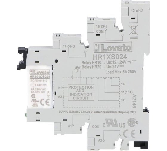Изображение товара Реле в тонком корпусе+розетка LOVATO Electric винтовой зажим, 1 перекидной канал, 6A 12VAC/DC HRA101CE024