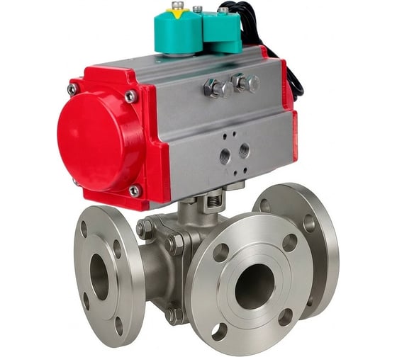 Изображение товара Кран шаровой DN.ru 316-316-PTFE-FP-3L-F-ISO-H Ду80 Ру16 HYMT, 3-ходовой L-тип фланцевый, пневмопривод DA-105, МППП-200 D160-77259