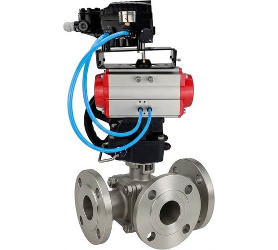 Изображение товара Кран шаровой DN.ru 316-316-PTFE-FP-3L-F-ISO-H Ду80 Ру16 HYMT, 3-ходовой L-тип фланцевый, пневмопривод DA-105, дублёр HDM-3, пневмопозиционер EPRP1-NU-Fb-08 с обратной св D160-77501