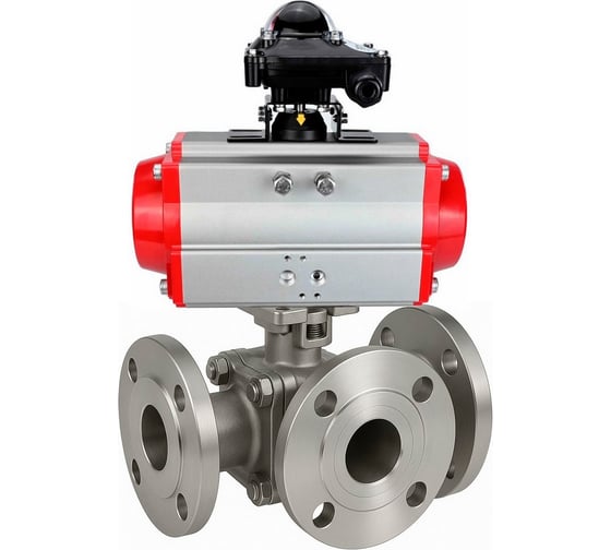 Изображение товара Кран шаровой DN.ru 316-316-PTFE-FP-3L-F-ISO-H Ду80 Ру16 HYMT, 3-ходовой L-тип фланцевый, пневмопривод DA-105, БКВ LSB-410 Ex D160-77276