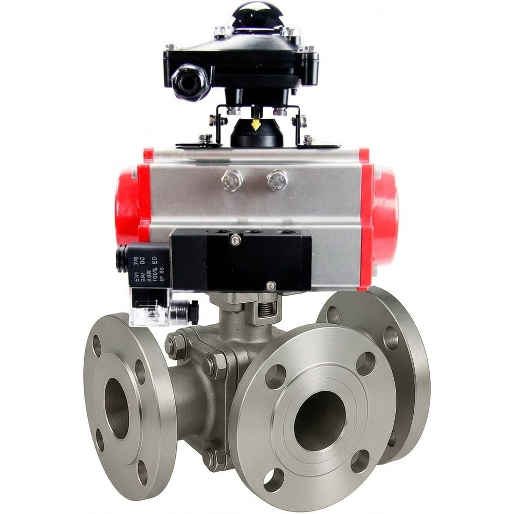 Изображение товара Кран шаровой DN.ru 316-316-PTFE-FP-3L-F-ISO-H Ду50 Ру16 пневмопривод