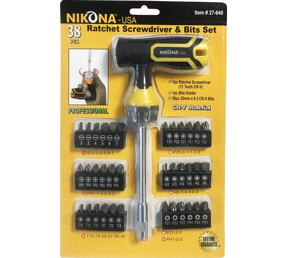 Изображение товара Набор насадок-бит с Т-образной реверсивной отверткой NIKONA Хр/B 38 предметов 27-640